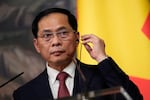 Vietnamese Deputy Prime Minister and Foreign Minister Bui Thanh Son attends a joint news conference with Russian Foreign Minister Sergey Lavrov following their meeting in Moscow, Russia, Wednesday, April 2, 2025. On Sunday, Son met U.S. Ambassador Marc Knapper in Hanoi, according to a government dispatch