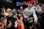 Fans react during a Portland Trail Blazers game against the Golden State Warriors at the Moda Center in Portland, Ore., on Friday, Oct. 24, 2025.