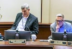 FILE - Portland Commissioners Rene Gonzalez, left, and Dan Ryan listen to testimony at Portland City Hall, Jan. 25, 2023. The commissioners are interested in advancing a ballot measure that would change key aspects of a voter-approved plan to overhaul the city's form of government. 