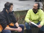 Jakob Hollenbeck, left, reflects on Portland's policies regarding homelessness with "Think Out Loud" host Dave Miller. Hollenbeck, a housed Portlander, became friends with some of his neighbors experiencing homelessness. And over time, he says, they were forced to move.