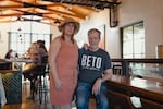 SANTA FE, NEW MEXICO - APRIL 9, 2025: (L-R) Stephanie Bonzek and partner Donovan Kolby pose for a portrait inside Nuckolls Brewing Company in Santa Fe, NM on April 9, 2025.