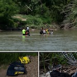 A group heads back to Mexico after trying to cross the Rio Grande in Eagle Pass, Texas. Life vests and other discarded belongings are seen near the river.