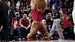 Portland Trail Blazers new mascot Douglas Fur is introduced during a timeout in the second half of the team's NBA basketball game against the New York Knicks in Portland, Ore., Tuesday, March 14, 2023.