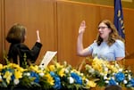 Oregon state Rep. Julie Fahey, Julie Fahey, D-Eugene, is sworn in as House Speaker, Jan. 13, 2025, at the Oregon state Capitol in Salem, Ore.