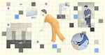 An illustration with a pale yellow background shows, at center, a man in an orange prison uniform pulling on a string that is connected to a postage stamp, which is then connected to the bottom of a prison cell door, and then connected to a letter on the floor, which is connected to another prison cell door. From left to right, there is a calendar with most of the days of the month crossed off; a document envelope and some documents behind it; a prison official shredding a document; and an incarcerated person with his hands shackled to a slab while a correctional officer holds his left hand down. Scattered around the illustration are gray and blue blocks, and over the entire illustration, there is a grid made up of thin light blue lines.