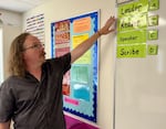 Teacher Lucas Hill shows his classroom at Gervais Middle School on Aug. 28, 2024. The social studies and leadership teacher was preparing his space for the students, who start school after Labor Day.