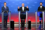 Republican candidate Curtis Sliwa, center, speaks during a mayoral debate with independent candidate former New York Gov. Andrew Cuomo, left, and Democratic candidate Zohran Mamdani, Thursday, Oct. 16, 2025, in New York.