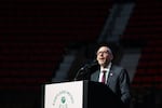 FILE — Portland Metro Chamber president and CEO Andrew Hoan speaks during the annual Portland Metro Chamber meeting, amid discussions of renovating the Moda Center with public money, at the Moda Center in Portland, Ore., on June 24, 2026.