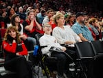 Fans react to a play during a regular season game between the Portland Trail Blazers and the Brooklyn Nets at the Moda Center in Portland, Ore., Friday, March 25, 2019.