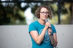 Bend City Councilor Melanie Kebler speaks to the crowd gathered at Drake Park in Bend, Ore., Monday, Aug. 29, 2022.