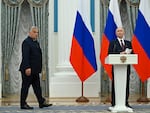 Russia's president, Vladimir Putin, and Hungarian Prime Minister Viktor Orban (left) deliver a joint press statement following their talks at the Kremlin in Moscow on July 5.