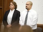 Guillermo Raya Leon, right, stands with lead defense attorney Therese Lavallee and listens to his verdict being read Tuesday, Sept. 26, 2023, during his aggravated murder trial at Clark County Courthouse. Leon was found guilty on all counts by the jury. 