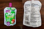 This photo provided by the U.S. Food and Drug Administration on Oct. 28, 2023, shows a WanaBana apple cinnamon fruit puree pouch.
