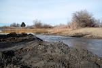 Water flows through a small slice between Bateman Island and a land bridge, which led to the island. Crews are expected to continue to work on the removal project through mid-February.