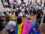 Demonstrators gather on the steps of the Florida Historic Capitol Museum in front of the Florida State Capitol in March in Tallahassee, Fla, protesting what opponents call the "Don't Say Gay" bill.
