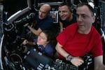 Expedition 60 crewmembers Luca Parmitano, Christina Koch, Andrew Morgan, and Nick Hague in the ISS cupola photographing Hurricane Dorian on August 30, 2019.