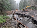 A damaged section of State Route 542 between mileposts 43 and 45 east of Glacier, Wash., after flooding from an atmospheric river in December 2025.
