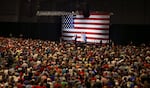 In 2016, Donald Trump, as the then-presumptive Republican nominee for U.S. president, addresses a campaign rally at the Grand Park Events Center in Westfield, Ind., where Trump’s current federal hiring freeze has forced a special local census to be put on hold.