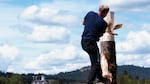A competitor stands on a springboard to cut down the top of a log at the Philomath Frolic & Rodeo lumberjack competition.