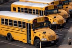 School buses are parked at Bend-La Pine Schools Transportation facility on Oct. 18, 2026, in Bend, Ore.