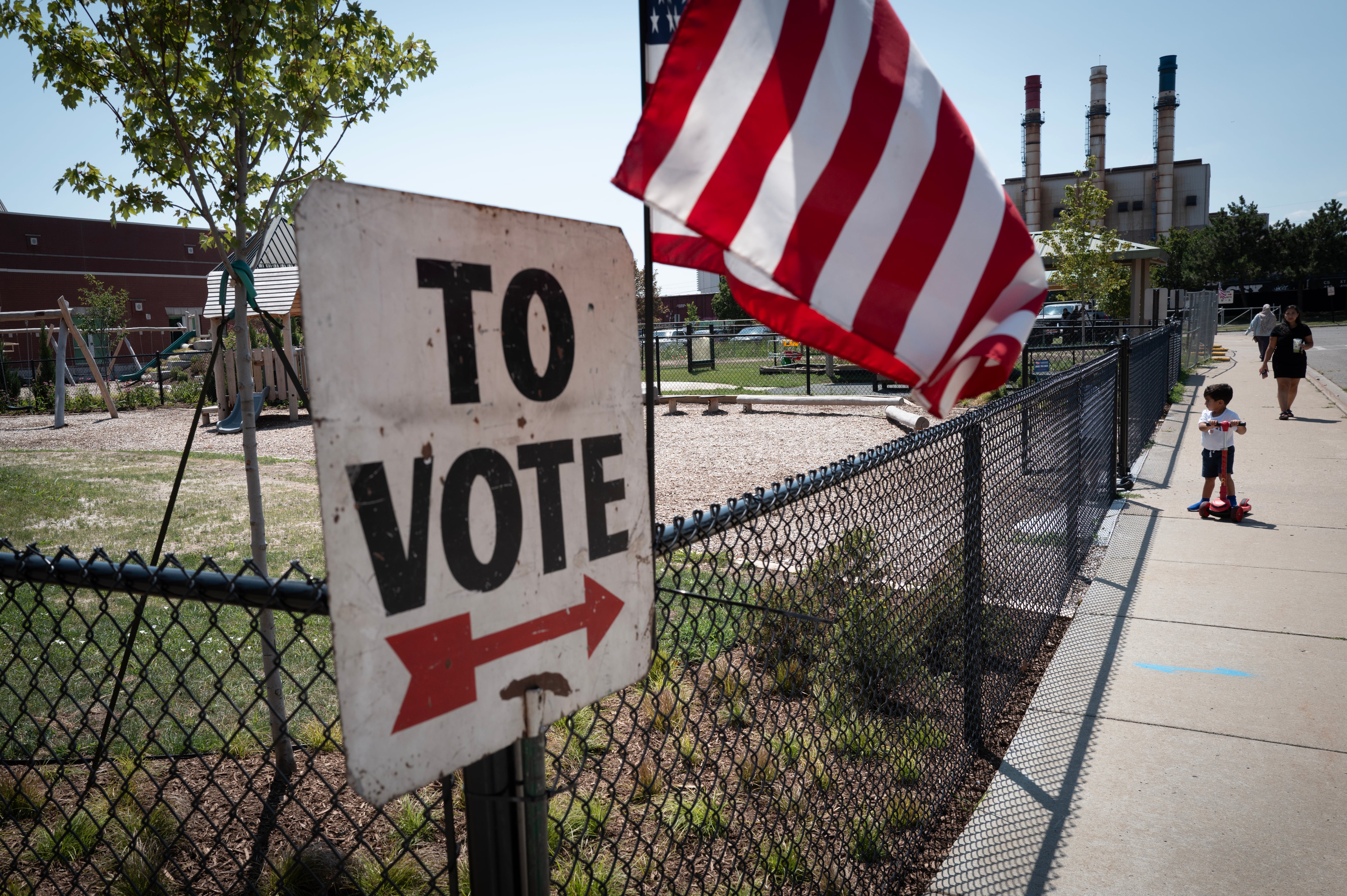 DEARBORN, MICHIGAN - AUGUST 04: A sign directs residents to a polling place August 04, 2026 in Dearborn, Michigan.
