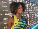 FILE - Sprinter Sha’Carri Richardson speaks to reporters at the Prefontaine Classic track meet Saturday, Sept. 16, 2023, in Eugene, Ore.