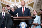 Senate Majority Leader John Thune, R-S.D., speaks with reporters following the weekly Senate Republican luncheon at the Capitol in Washington, DC, on June 24. Senate Republicans are working to quickly pass the 'One Big, Beautiful Bill," President Trump's signature legislation.