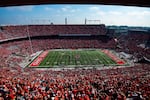 COLUMBUS, OHIO - OCTOBER 09: The Ohio State Buckeyes marching band spells "Ohio" prior to a game against the Maryland Terrapins at Ohio Stadium on October 09, 2021 in Columbus, Ohio. (Photo by Emilee Chinn/Getty Images)