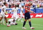 Erling Haaland (R) of Norway reacts during the World Cup quarterfinal match between Norway and England on Saturday in Miami Gardens, Fla.