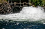 FILE - Water streams under Dam 2 and towards the raw water intake at the Bull Run Watershed, July 16, 2024. The watershed provides drinking water to nearly 1 million residents of the Portland metro area. 