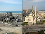 Al-Hassaina Mosque and the seaport in Gaza City pictured on Jan. 26, 2021 (right), and again on January 6, 2024, (left).