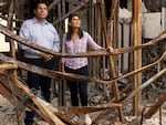 American politician Nikki Haley (R) and Parliament member Danny Danon (L) visit a kibbutz Monday that was damaged during the Oct. 7 Hamas attack in Nir Oz, Israel.