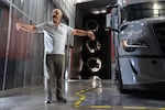 Carlos Cosme, manager of vehicle fluid dynamics at Daimler Truck North America, gives a tour of the wind tunnel at Daimler’s North American headquarters.