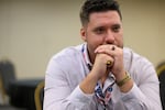 MONROEVILLE, PA-September 28: Joshua Stander of Lions of Judah at the Courage Tour inside the Monroeville Convention Center on September 28, 2024 in Monroeville, Pennsylvania.(Jeff Swensen for NPR)