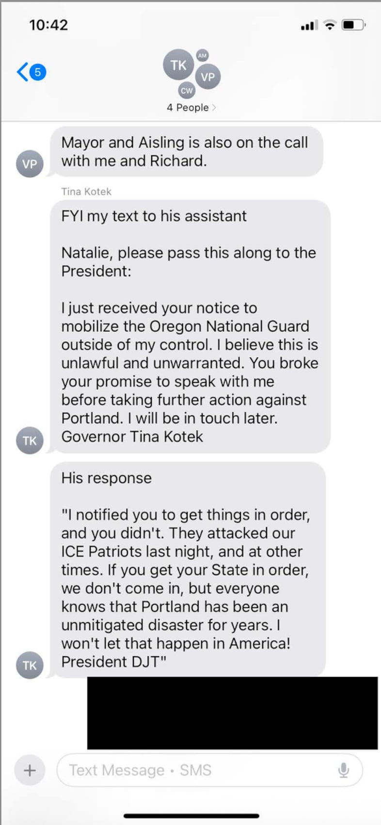 A screenshot of text messages between President Donald Trump, his top staff and Oregon Gov. Tina Kotek detailing the justification for mobilizing National Guard troops.