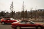 Acres of burned land from the Bench Fire surrounds cars driving on Highway 26 between Warm Springs and Madras, Ore., on July 27, 2026.