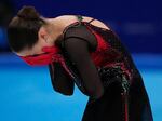 Kamila Valieva, of the Russian Olympic Committee, reacts after the women's free skate program during the figure skating competition at the 2022 Winter Olympics, Thursday, Feb. 17, 2022, in Beijing. An international sports tribunal has rejected Russian appeals of her disqualification linked to a sports doping scandal. (AP Photo/Bernat Armangue, File)