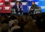 MONROEVILLE, PA-September 28: Vice Presidential candidate, Senator JD Vance, during a roundtable discussion onstage at the Courage Tour inside the Monroeville Convention Center on September 28, 2024 in Monroeville, Pennsylvania.(Jeff Swensen for NPR)