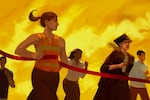 This illustration shows people in various styles of clothing running across a finish line.