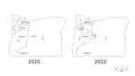 Side-by-side maps of Oregon shows the boundaries of the state's five congressional districts in 2020 and six districts in 2022.