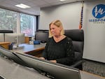 Medford Municipal Court Judge Virginia Greer behind the bench at her courtroom in Medford City Hall.