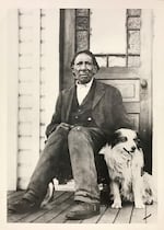 A portrait of George Washington and his dog, Rockwood, outside his Centralia home.