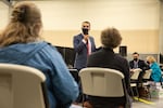 Evan Bariault delivers opening remarks to jurors for the trial between Clark County and three former county employees on May 5, 2021. The case is headlined by the involvement of former Washington Sen. Don Benton.