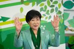 Incumbent Tokyo Gov. Yuriko Koike celebrates after she was elected for Tokyo's gubernatorial election in Tokyo, Sunday, July 7, 2024.