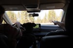 Jesse Rabinowitz drives to Shawna Roberson's trailer home while Mandy Bryant directs him through the Deschutes National Forest on Apr. 30, 2025. The two got word that law enforcement were at Roberson's trailer.