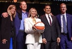 From left, WNBA Commissioner Cathy Engelbert, U.S. Sen. Ron Wyden of Oregon, Lisa Bhathal Merage, Alex Bhathal and Portland Mayor Ted Wheeler at the announcement of Portland receiving a WNBA team at the Moda Center on Sept. 18, 2024.