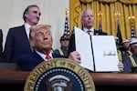 President Donald Trump holds a signed an executive order during an event in the East Room of the White House, Tuesday, April 8, 2025, in Washington, as Interior Secretary Doug Burgum and Energy Secretary Chris Wright watch. Oregon vows to uphold climate laws despite Trump’s order blocking local fossil fuel restrictions.
