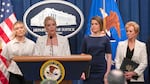 Attorney General Pam Bondi spoke at the Justice Department on Wednesday to announce that the administration is suing Maine for not complying with the government's push to ban transgender athletes in girls sports. She was accompanied by (from left) Riley Gaines, Rep. Laurel Libby, R-Maine, and Education Secretary Linda McMahon.