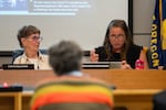 Portland Public School Board member Stephanie Engelsman of Zone 6 questions a team presenting a school closures plan.