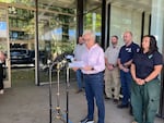 Gov. Tina Kotek addresses reporters about the 2024 wildfire season in downtown Portland.